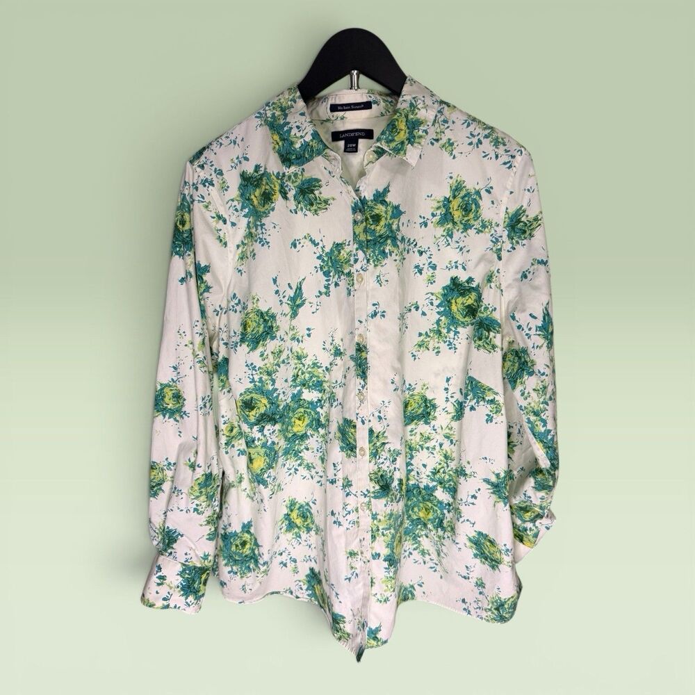Lands' End Women No-Iron Supima Cotton Green Floral Button-Up Shirt Size 20W